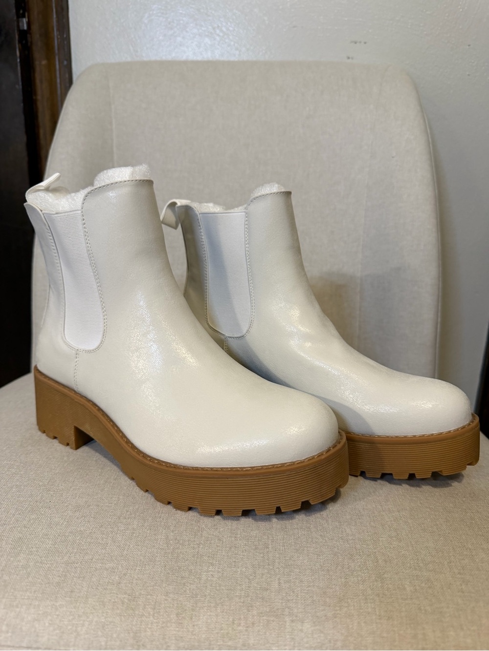 Dirty Laundry White Chelsea Platform Booties with Tan Lug Sole